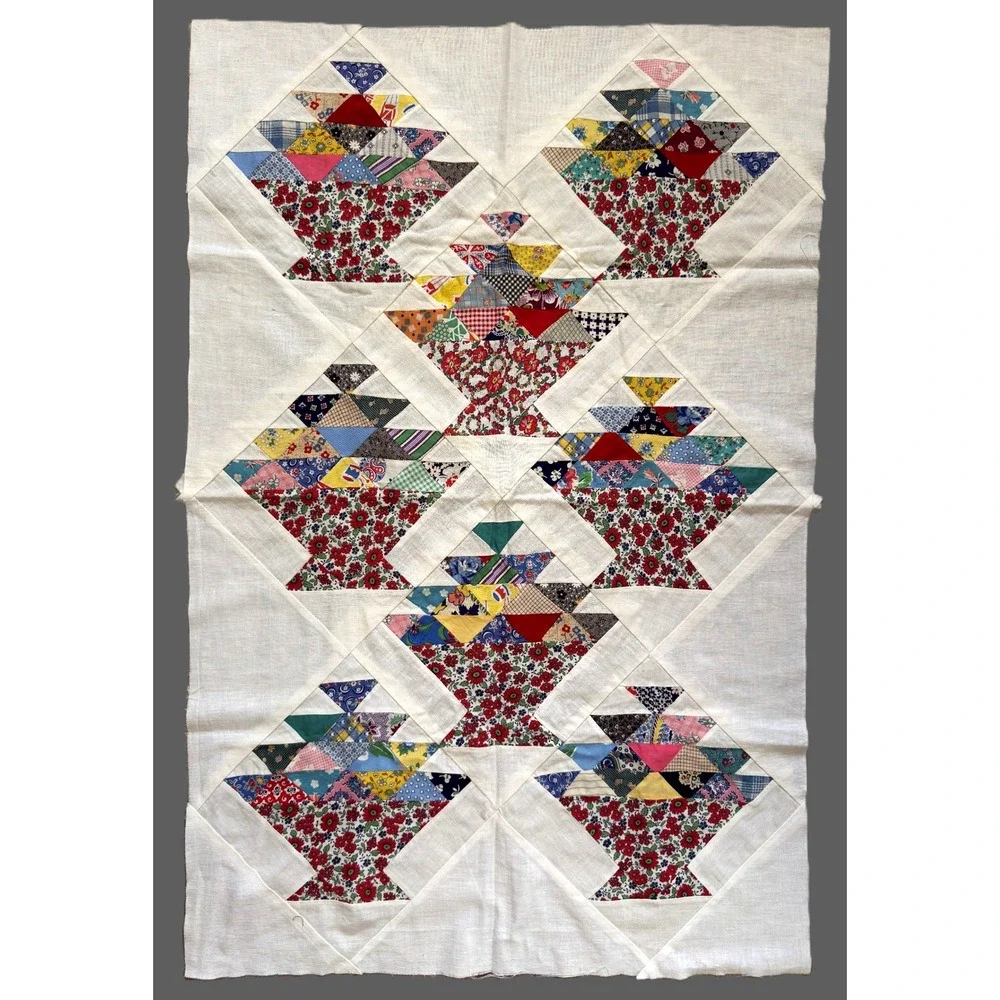 Vtg Antique Lap Wall Flower Basket Quilt Top Exc Cotton Prints, Feedsack 39